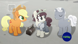 Size: 1920x1080 | Tagged: safe, derpibooru import, screencap, applejack, sunny skies, torque wrench, earth pony, pony, rainbow roadtrip, atorqueable, cute, desaturated, jackabetes, sunnydorable