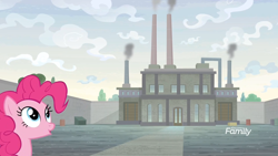 Size: 1920x1080 | Tagged: safe, derpibooru import, screencap, pinkie pie, earth pony, pony, the last laugh, chimney, discovery family logo, factory, gag factory, solo