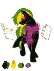 Size: 535x700 | Tagged: dead source, safe, oc, oc:vermont black, earth pony, pony, book, clothes, glowing eyes, glowing scarf, male, psychokinesis, reading, runes, scarf, solo, stallion