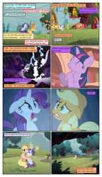 Size: 612x1061 | Tagged: safe, artist:newbiespud, artist:winged cat, derpibooru import, edit, edited screencap, screencap, rarity, twilight sparkle, unicorn twilight, earth pony, pony, unicorn, collaboration, comic:friendship is dragons, look before you sleep, clapping, comic, dialogue, eyes closed, female, floppy ears, freckles, golden oaks library, gritted teeth, hat, hooves, horn, hug, implied fluttershy, implied pinkie pie, implied rainbow dash, lightning, mare, open mouth, rain, running, scared, screencap comic, sitting, smiling, storm, tree
