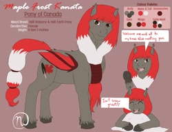 Size: 1280x985 | Tagged: safe, artist:azurllinate, oc, oc only, oc:maple frost kanata, pony, accessories, canada, canada pony, canadian, cloven hooves, colored, ear fluff, female, flat colors, half-bat pony, half-earth pony, mixed breed, patriotic, red mane, reference sheet, snow, speech, speech bubble, tall, two toned mane, two toned wings, waving, white mane, wings