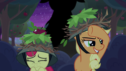 Size: 1280x720 | Tagged: safe, derpibooru import, screencap, apple bloom, applejack, earth pony, pony, going to seed, eyes closed, female, filly, grin, hat, mare, scared, smiling