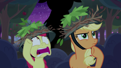 Size: 1280x720 | Tagged: safe, derpibooru import, screencap, apple bloom, applejack, earth pony, pony, going to seed, female, filly, freckles, hat, looking up, mare, scared, thinking