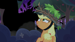 Size: 1280x720 | Tagged: safe, derpibooru import, screencap, applejack, earth pony, pony, going to seed, apple, female, food, freckles, hat, looking up, mare, solo