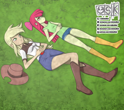 Size: 1559x1386 | Tagged: safe, artist:oldskullkid, apple bloom, applejack, equestria girls, apple sisters, boots, clothes, cowboy boots, cowboy hat, cute, duo, female, hat, jeans, looking up, lying down, on back, pants, shirt, shoes, shorts, siblings, sisters, skirt