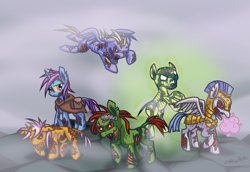 Size: 1815x1250 | Tagged: safe, artist:cazra, earth pony, ghoul, pegasus, pony, undead, unicorn, zombie, fallout equestria, canterlot ghoul, fog, glowing one, wasteland