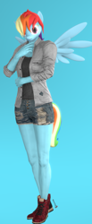 Size: 792x1920 | Tagged: safe, artist:spinostud, derpibooru import, rainbow dash, anthro, pegasus, 3d, clothes, denim shorts, female, looking at you, mare, shorts, source filmmaker