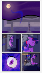 Size: 2048x3474 | Tagged: safe, artist:radioactive nero, twilight sparkle, pony, unicorn, alternate cutie mark, alternate universe, castlevania, comic, floppy ears, leonine tail, mare in the moon, messy mane, moon, sleeping