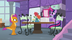 Size: 1920x1080 | Tagged: safe, screencap, smolder, twilight sparkle, twilight sparkle (alicorn), alicorn, dragon, pony, sweet and smoky, chair, dragoness, duo, female, magic, magic aura, mare, paper, table, teacher's lounge, telekinesis