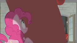 Size: 1366x768 | Tagged: safe, derpibooru import, screencap, pinkie pie, earth pony, pony, the last laugh, carpet, red carpet, shadow, solo