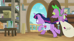 Size: 1920x1080 | Tagged: safe, screencap, spike, twilight sparkle, twilight sparkle (alicorn), alicorn, dragon, pony, the point of no return, bag, butt, claws, female, mailbag, male, plot, saddle bag, tail, winged spike, wings