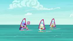 Size: 1920x1080 | Tagged: safe, screencap, geri, spike, twilight sparkle, twilight sparkle (alicorn), alicorn, dragon, the point of no return, lifejacket, water, windsurfing, winged spike