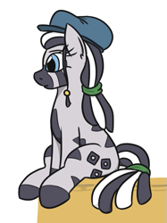 Size: 489x654 | Tagged: safe, artist:jargon scott, oc, oc only, oc:carjack, zebra, female, hat, mare, simple background, sitting, solo, white background, zebra oc