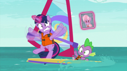 Size: 1920x1080 | Tagged: safe, screencap, spike, twilight sparkle, twilight sparkle (alicorn), alicorn, dragon, the point of no return, lifejacket, water, windsurfing, winged spike