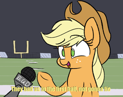 Size: 1200x950 | Tagged: safe, artist:heir-of-rick, derpibooru import, applejack, earth pony, pony, american football, dialogue, female, football field, mare, ponified, ponified meme, solo, sports