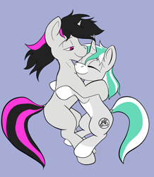 Size: 2048x2345 | Tagged: safe, artist:btbunny, derpibooru exclusive, oc, oc only, oc:minty, pony, unicorn, cuddling, female, male, two toned mane, two toned tail