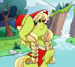 Size: 436x389 | Tagged: safe, artist:yukandasama, granny smith, earth pony, pony, bonnet, braid, clothes, female, hat, mare, one-piece swimsuit, smiling, solo, swimsuit, tree, twin braids, waterfall, young granny smith, younger