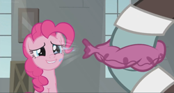 Size: 1366x740 | Tagged: safe, derpibooru import, screencap, pinkie pie, earth pony, pony, the last laugh, cute, diapinkes, factory, gag factory, lip bite, sans smirk, smiling, whoopee cushion