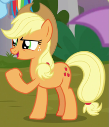 Size: 535x623 | Tagged: safe, derpibooru import, screencap, applejack, spike, dragon, earth pony, pony, the ending of the end, applejack's hat, clenched fist, cowboy hat, cropped, female, hat, mare, narrowed eyes, raised hoof, solo focus, talking