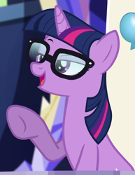 Size: 686x888 | Tagged: safe, screencap, sci-twi, twilight sparkle, pony, unicorn, better together, equestria girls, spring breakdown, cropped, equestria girls ponified, friendship throne, open mouth, ponified, raised eyebrow, solo, unicorn sci-twi