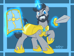 Size: 1200x900 | Tagged: safe, artist:goat train, oc, oc:greyline, pony, unicorn, armor, beard, facial hair, male, shield, solo, sword, weapon