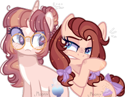 Size: 946x734 | Tagged: safe, artist:moon-rose-rosie, oc, oc only, oc:chocolate sprinkles, oc:rosalina, earth pony, pony, unicorn, base used, blushing, female, glasses, mare, offspring, parent:cheese sandwich, parent:pinkie pie, parents:cheesepie, simple background, transparent background, white outline