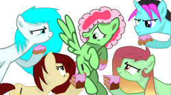 Size: 1216x678 | Tagged: safe, artist:ponyuniverse, oc, oc only, oc:artline, oc:az, oc:lizzie, oc:lunashu, oc:natty, base used, cake, food