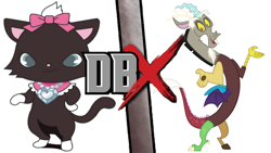 Size: 960x540 | Tagged: safe, discord, cat, draconequus, crossover, death battle, death battle x, diana (jewelpet), exploitable meme, female, jewelpet, male, mega poneo strikes again, meme, sanrio, sega, story in the source