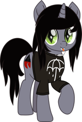 Size: 799x1183 | Tagged: safe, artist:lightningbolt, derpibooru exclusive, pony, unicorn, .svg available, clothes, disguise, disguised siren, fangs, happy, horn, jewelry, kellin quinn, male, movie accurate, necklace, ponified, raised hoof, shirt, simple background, sleeping with sirens, slit eyes, smiling, solo, stallion, svg, t-shirt, tongue out, transparent background, vector, wide eyes