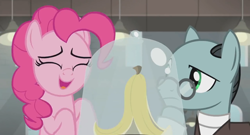 Size: 1366x738 | Tagged: safe, derpibooru import, screencap, pinkie pie, earth pony, pony, the last laugh, balcony, banana peel, bell jar, clothes, factory, gag factory, glasses, happy, lights, sans smirk, smiling, suit, thinking