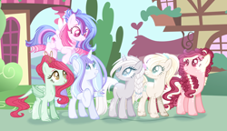 Size: 2720x1568 | Tagged: safe, artist:6-fingers-lover, artist:selenaede, oc, oc only, oc:angel blue, oc:heartbeat, oc:lucky hoof (6-fingers-lover), oc:poison ivy, oc:sugar cane, oc:white diamond, dracony, earth pony, hybrid, pegasus, pony, unicorn, base used, choker, female, interspecies offspring, magical lesbian spawn, mare, nose piercing, nose ring, offspring, parent:applejack, parent:derpy hooves, parent:double diamond, parent:fluttershy, parent:pinkie pie, parent:princess ember, parent:rainbow dash, parent:rarity, parent:sugar belle, parent:twilight sparkle, parents:derpity, parents:doublejack, parents:embershy, parents:sugarpie, parents:twidash, piercing
