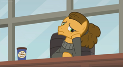 Size: 1360x740 | Tagged: safe, screencap, cheese sandwich, pony, the last laugh, chair, depressed, hair bun, hoof on cheek, peanut brittle, sad, solo, written equestrian