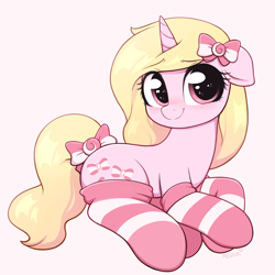 Size: 3000x3000 | Tagged: safe, artist:moozua, oc, oc only, oc:peppermint taffy, pony, unicorn, blushing, bow, clothes, commission, cute, female, floppy ears, hair bow, looking at you, lying down, mare, pink background, simple background, smiling, socks, solo, striped socks, tail bow