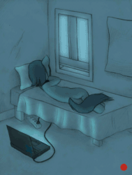 Size: 416x550 | Tagged: safe, artist:lonelycross, marble pie, pony, animated, ask lonely inky, bed, choker, comic, computer, laptop computer, lonely, lonely inky, low battery, on side, plug, poster, recording, tumblr, window