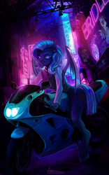 Size: 1000x1606 | Tagged: safe, artist:mabiruna, oc, oc only, oc:shadow diamond, anthro, bat pony, unguligrade anthro, alleyway, anthro oc, bat pony oc, clothes, commission, cyberpunk, female, hub logo, jacket, mare, motorcycle, neon, signature, solo, urban