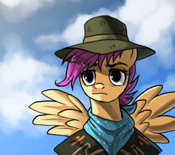 Size: 1000x884 | Tagged: safe, artist:not-ordinary-pony, derpibooru exclusive, scootaloo, back to the future, crossover, female, hat, mare, reference, scootaloo is not a chicken, sky, solo, spread wings, wings