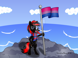 Size: 1024x759 | Tagged: safe, artist:sorasleafeon, oc, oc:shadow sora, pony, unicorn, bisexual, bisexual pride flag, blue sky, cliff, clothes, cloud, flag, flagpole, happiness, holding, male, original character do not steal, pride, pride flag, pride month, scarf, seaside, smiling, solo, standing, story in the comments, unicorn oc, water