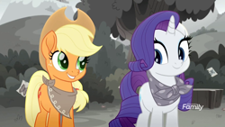 Size: 1920x1080 | Tagged: safe, derpibooru import, screencap, applejack, rarity, earth pony, pony, unicorn, rainbow roadtrip, clothes, cute, discovery family logo, jackabetes, looking at each other, neckerchief, raribetes, scarf, smiling