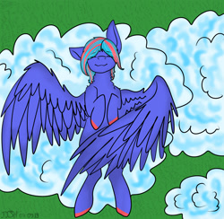 Size: 2050x2000 | Tagged: safe, artist:jennifer696jones, oc, oc:hellfire, pegasus, pony, blue fur, cloud, male, on back, smiling, wings