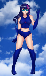 Size: 935x1559 | Tagged: safe, artist:anonix123, twilight sparkle, human, equestria girls, belly button, breasts, clothes, cloud, female, flying, headlight sparkle, human coloration, magic gaia, solo, spark moon, superhero