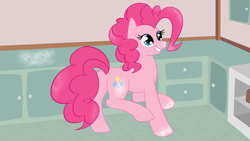 Size: 1920x1080 | Tagged: safe, artist:muzza299, derpibooru import, pinkie pie, earth pony, pony, counter, flour, raised leg, smiling