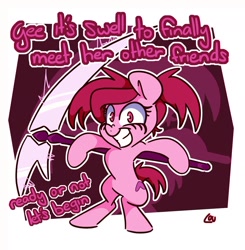 Size: 1500x1533 | Tagged: safe, artist:lou, pony, bipedal, dialogue, evil grin, grin, pink, ponified, scythe, smiling, solo, spinel (steven universe), spoilers for another series, steven universe, steven universe: the movie
