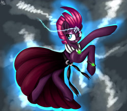 Size: 3057x2691 | Tagged: safe, artist:appleneedle, tempest shadow, pony, unicorn, broken horn, clothes, dress, eye scar, female, horn, levitation, magic, mare, scar, self-levitation, solo, sparking horn, telekinesis, underhoof