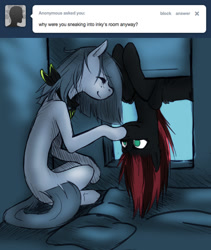 Size: 589x699 | Tagged: artist needed, safe, marble pie, oc, oc:thunder smash, pegasus, pony, apartment, ask, ask lonely inky, bed, bedroom, boop, canon x oc, choker, comic, female, lesbian, lonely inky, pillow, question, talking, tumblr, upside down, window