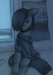 Size: 708x1000 | Tagged: safe, artist:lonelycross, marble pie, semi-anthro, ask lonely inky, bed, bedroom, blushing, clothes, lonely inky, nine inch nails, poster, sitting, solo, sweater, tumblr, window