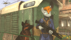 Size: 1920x1080 | Tagged: safe, artist:tfc0234, oc, oc only, oc:littlepip, anthro, dog, unicorn, fallout equestria, 3d, ar15, assault rifle, clothes, crossover, female, grenade launcher, gun, helicopter, horn, locomotive, m203, rifle, s.t.a.l.k.e.r., solo, source filmmaker, train, vault suit, weapon