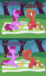 Size: 965x1602 | Tagged: safe, artist:kyaokay, berry punch, berryshine, oc, oc:pun, pony, ask, ask pun, beer bottle, bon bon (candy), drunk, food, go home you're drunk, sandwich