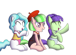 Size: 1400x1000 | Tagged: safe, artist:cappie, drama letter, paisley, starlight, watermelody, earth pony, pony, cheering, clapping, clothes, equestria girls outfit, equestria girls ponified, eyes closed, female, hat, mare, open mouth, ponified, raised hoof, simple background, smiling, swimsuit, transparent background