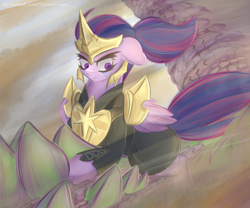 Size: 2650x2200 | Tagged: safe, artist:twiontheline, twilight sparkle, twilight sparkle (alicorn), alicorn, pony, armor, crying, floppy ears, solo