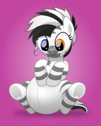 Size: 800x998 | Tagged: safe, artist:jhayarr23, oc, oc:jadi, zebra, belly, cute, female, heterochromia, hooves on belly, looking at belly, looking down, pink background, pregnant, simple background, sitting, solo, zebra oc